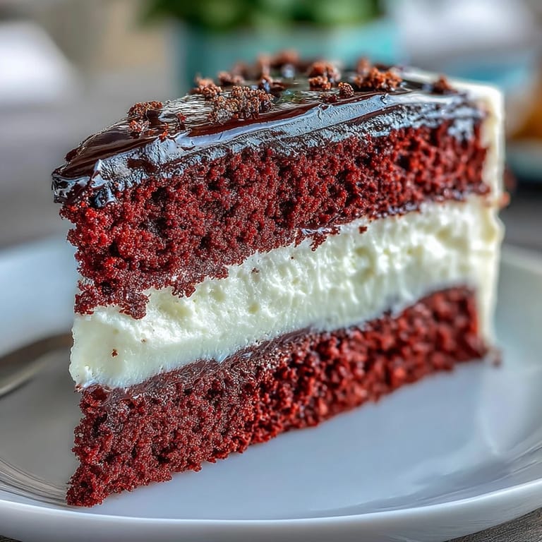 Moist red cake layers paired with tangy cream cheese frosting, ready for serving with fresh berries.
