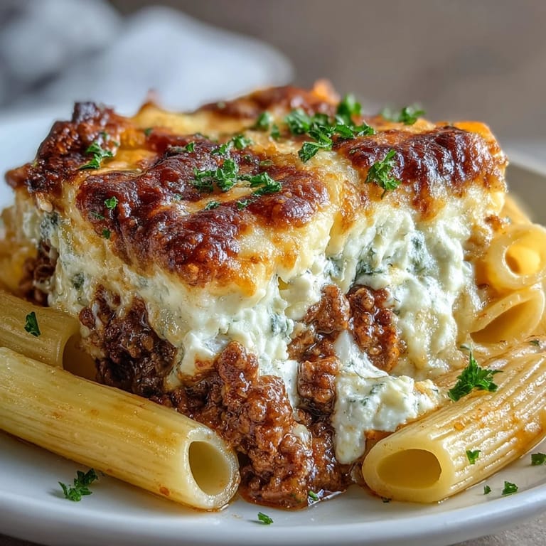 Forkful of Cottage Cheese Protein Pasta Bake with Ground Beef showcases creamy curds, savory ground beef, and herbs ready for a cozy family dinner.