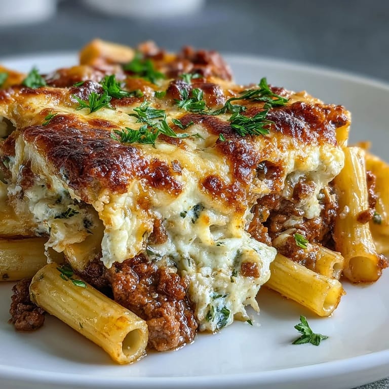Serving suggestion for Cottage Cheese Protein Pasta Bake with Ground Beef with a fresh basil garnish, plated beside a simple green salad for balance.