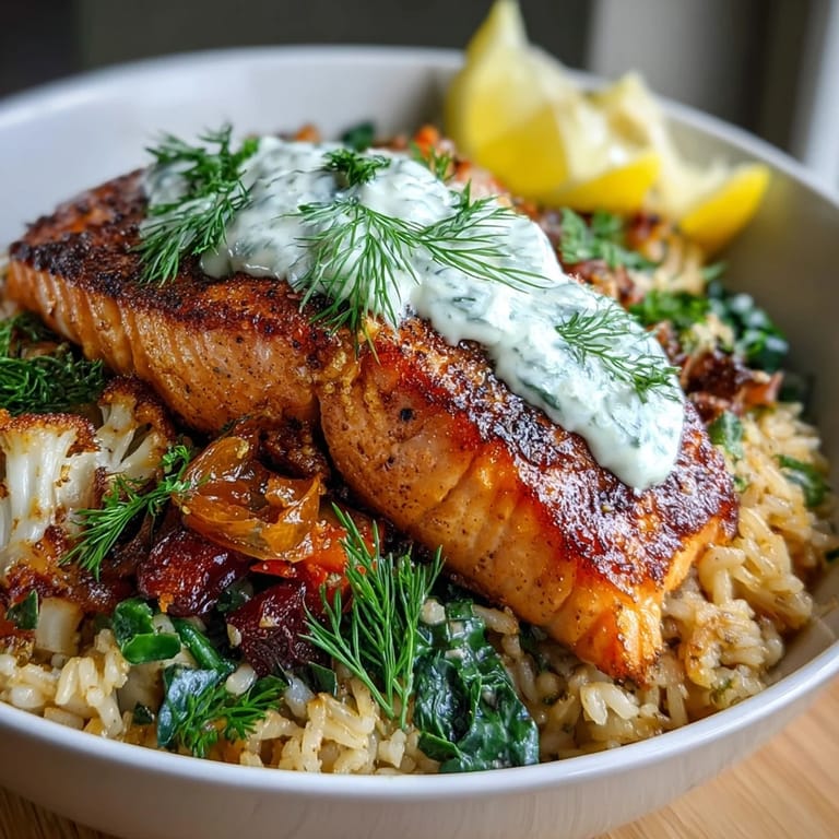 Flaky, perfectly cooked salmon sits atop a bed of crispy rice with vibrant diced peppers and tomatoes.