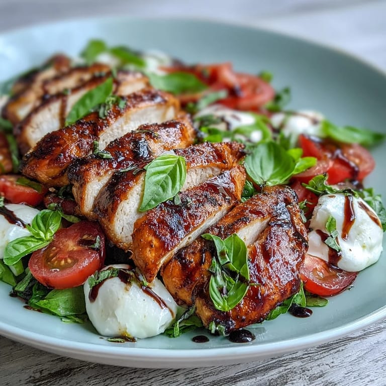 A vibrant Caprese Chicken Bowl topped with basil leaves, creamy mozzarella, and tangy balsamic reduction over greens.