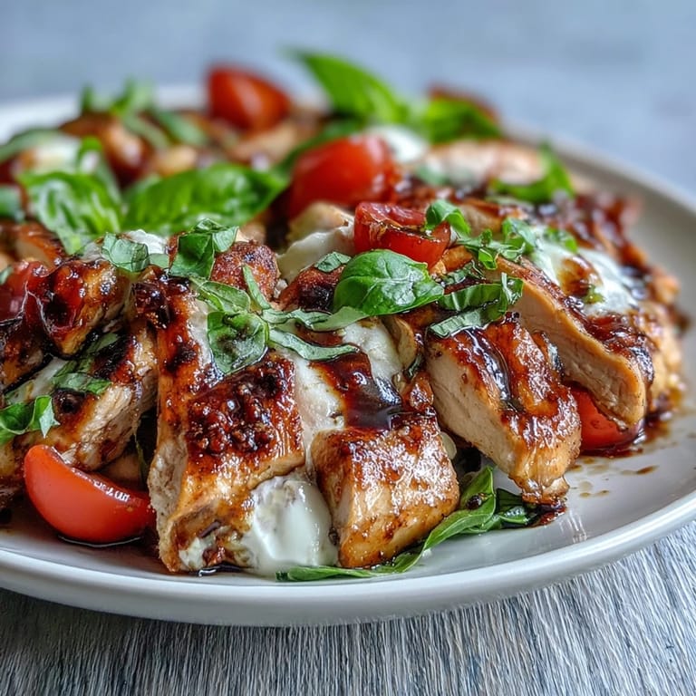 Freshly grilled Caprese Chicken Bowl with tomatoes and mozzarella, served with a dark balsamic glaze drizzle.