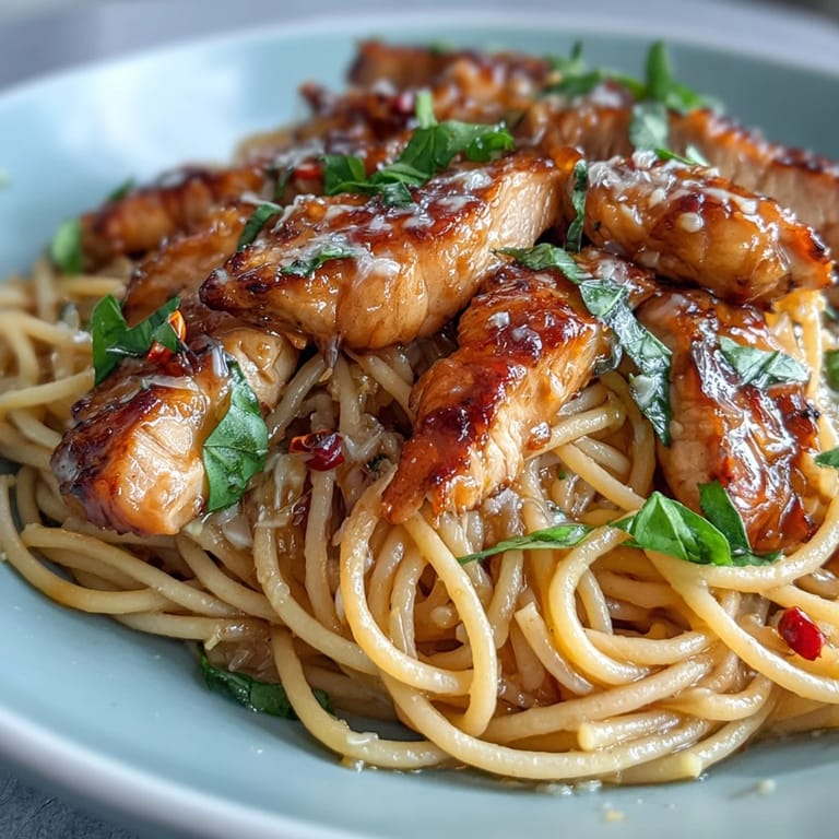 Steaming Sticky Honey Garlic Chicken Pasta features sautéed chicken on spaghetti with a honey garlic glaze.