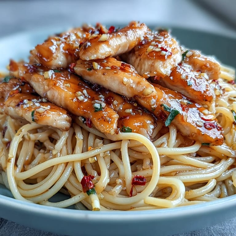 Savory Sticky Honey Garlic Chicken Pasta plated with a drizzle of sauce and red pepper flakes for heat.