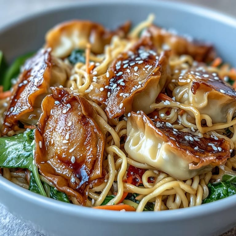 Tossing lo mein noodles and potstickers with garlic soy sauce in a skillet for a quick one-pan dinner.