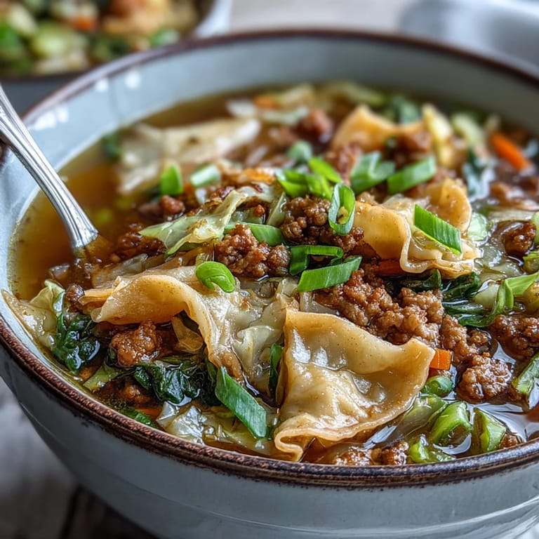 Cozy One-Pot Egg Roll Soup with tender pork, shredded cabbage, carrots, and fresh ginger in a rustic bowl.