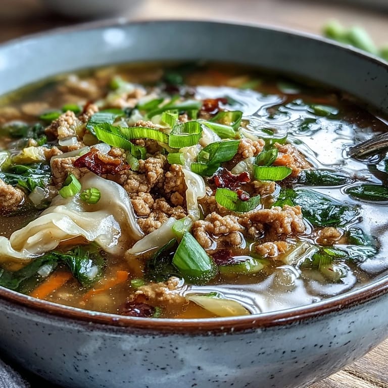 Spicy Cozy One-Pot Egg Roll Soup with sriracha swirls, garnished with green onions and a dollop of sour cream.