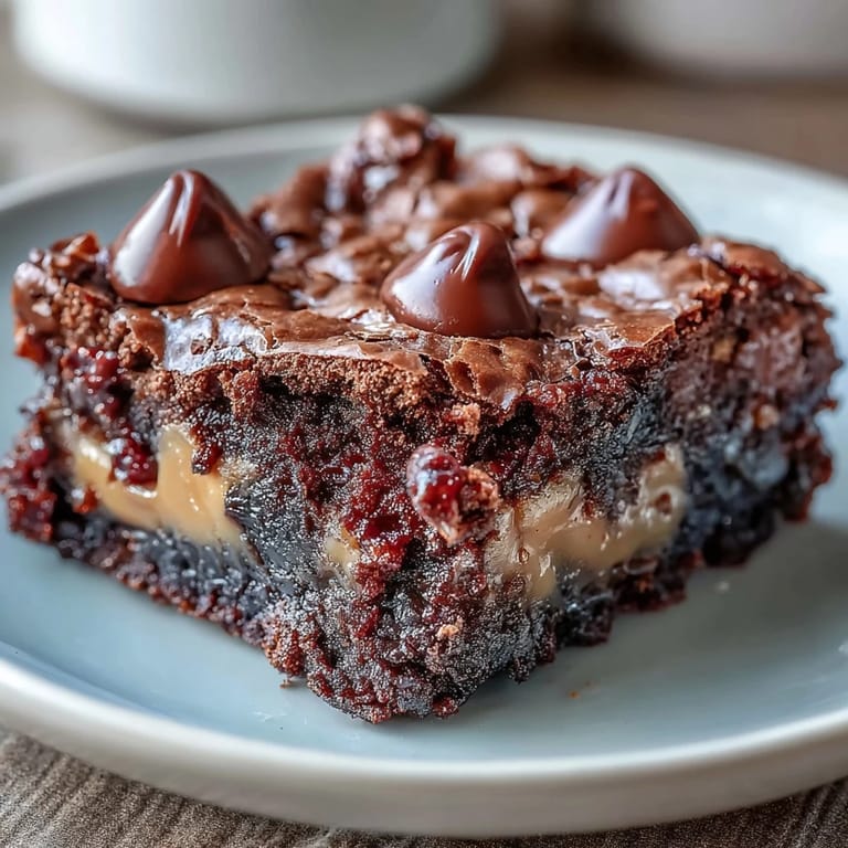 Slices of Rich Peanut Butter Cup Dump Cake served warm with vanilla ice cream melting over the rich, chocolate-peanut butter layers.