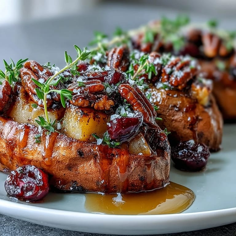Freshly baked Cranberry Apple Twice Baked Sweet Potatoes drizzled with maple syrup, served warm with a slice of melty butter.