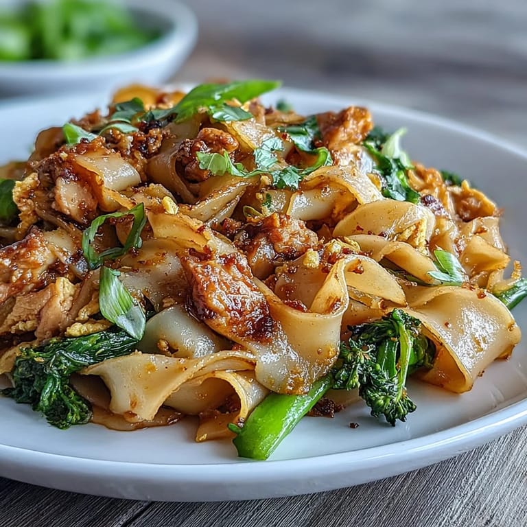 Savory-sweet Authentic Thai Pad See Ew topped with a golden scrambled egg and stir-fried Chinese broccoli.