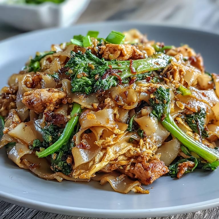 Wok-seared Authentic Thai Pad See Ew featuring charred wide noodles, sliced chicken, and crunchy greens.