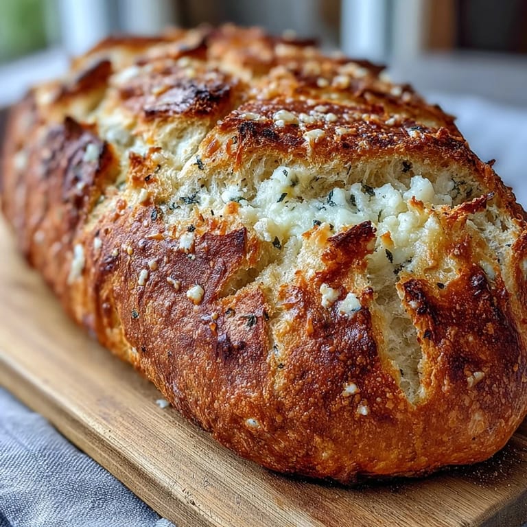 A close-up shows the tender, cheesy crumb of homemade Perfect Parmesan Garlic Artisan Bread.