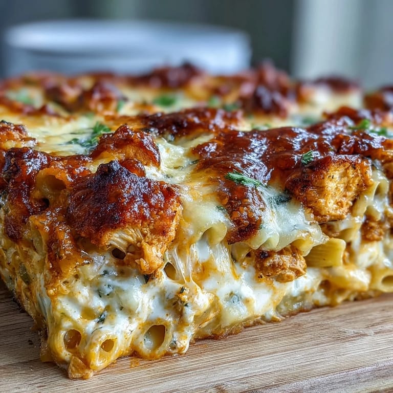 Shredded chicken and penne pasta tossed in tangy buffalo ranch sauce, ready to serve at a family dinner.