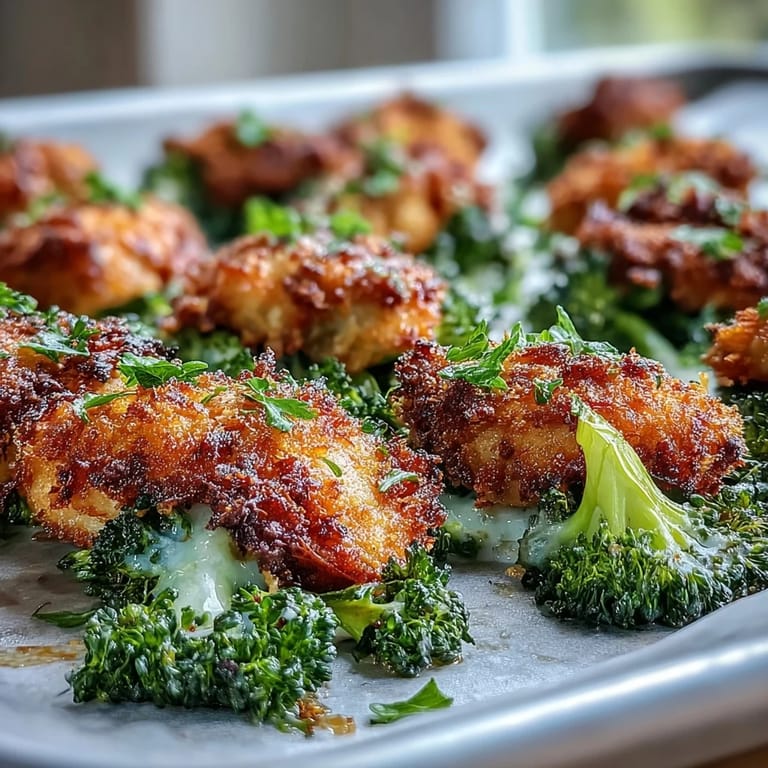 Serving Crispy Parmesan Broccoli & Chicken Trays with lemon wedges and fresh parsley.