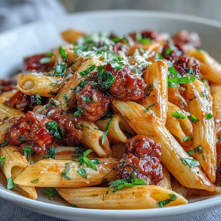 Close-up of One-Pot Creamy Red Wine Sausage Pasta in a bowl, creamy red wine sauce clinging to sausage and penne with fresh herbs.