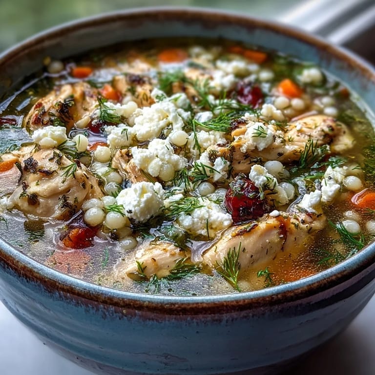 Close-up of Greek Chicken & Pearl Couscous Soup, showcasing rich broth, diced veggies, and creamy feta garnish, ideal for a cozy Mediterranean meal.