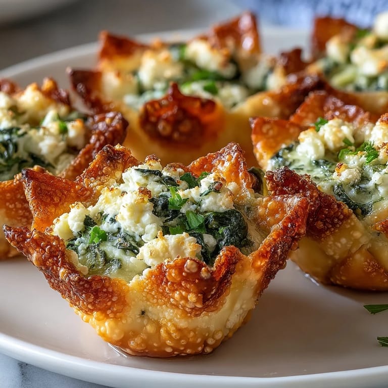 Golden Crispy Spinach Feta Wonton Cups baked in a mini muffin tin, served warm as a delicious, bite-sized vegetarian appetizer.