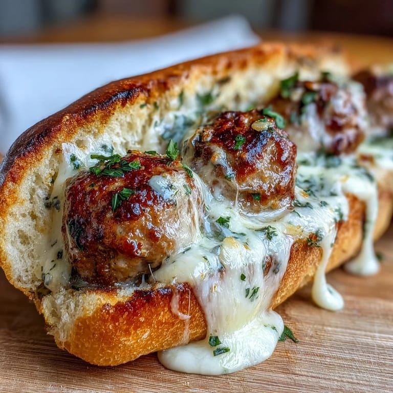 Golden baked turkey meatballs smothered in creamy garlic Parmesan sauce inside a toasted sub roll.