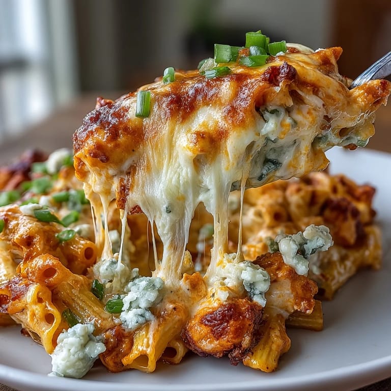 Spoon lifting a serving from a Creamy Buffalo Ranch Chicken Pasta Bake, revealing creamy, spicy pasta and tender shredded chicken inside.