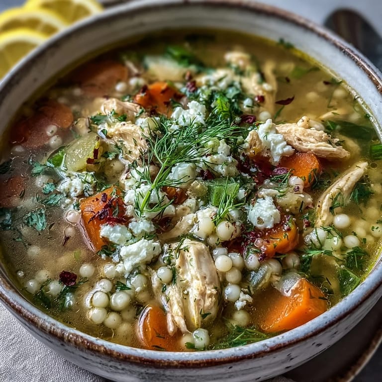 Steaming Greek Chicken & Pearl Couscous Soup with tender shredded chicken, pearl couscous, and zesty lemon juice.
