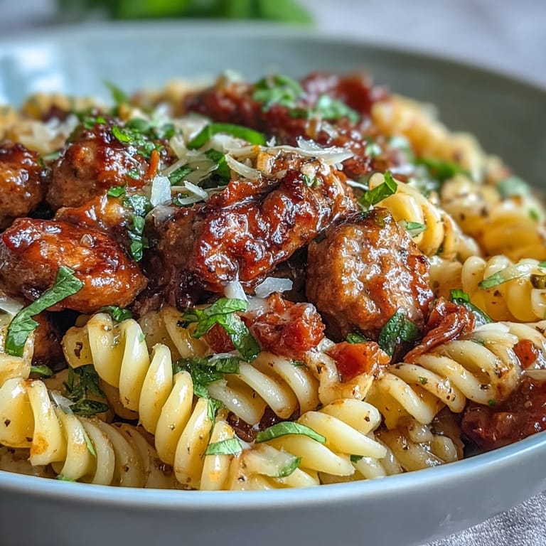 Steaming One-Pot Creamy Red Wine Sausage Pasta, featuring tender pasta coated in a rich, tomato-based sauce with sausage crumbles.