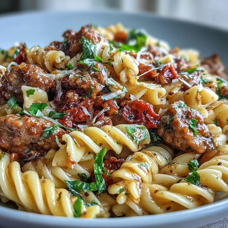 A close-up of One-Pot Creamy Red Wine Sausage Pasta plated with grated Parmesan, fresh basil, and a glass of red wine.