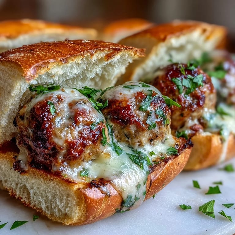 A close-up of four garlic Parmesan turkey meatball subs garnished with fresh parsley, ready to serve for dinner.