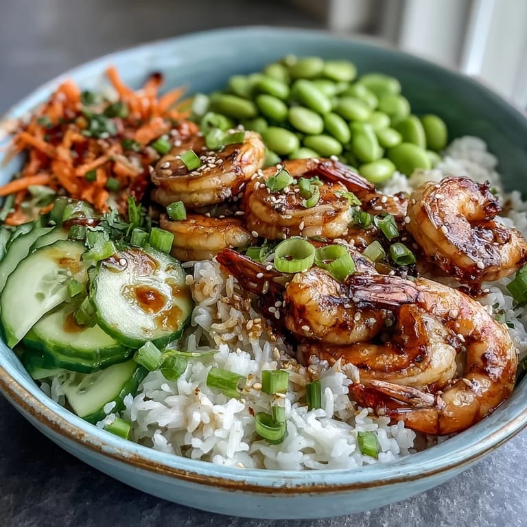 Sizzling grilled shrimp on a vibrant rice bowl with edamame and tangy ginger-sesame dressing.