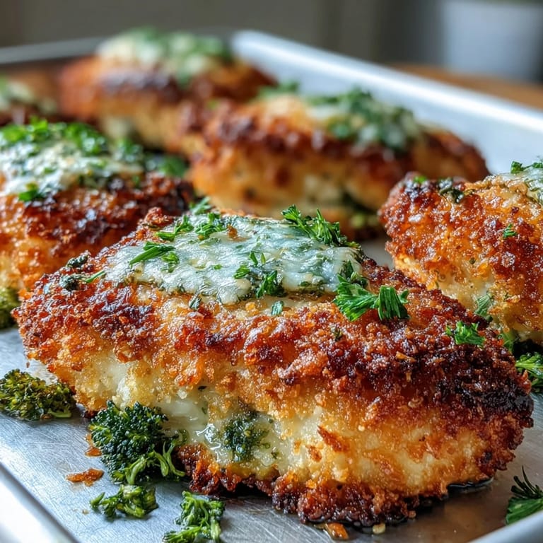 The Crispy Parmesan Broccoli & Chicken Trays show juicy chicken with bright green broccoli finished with fresh parsley.