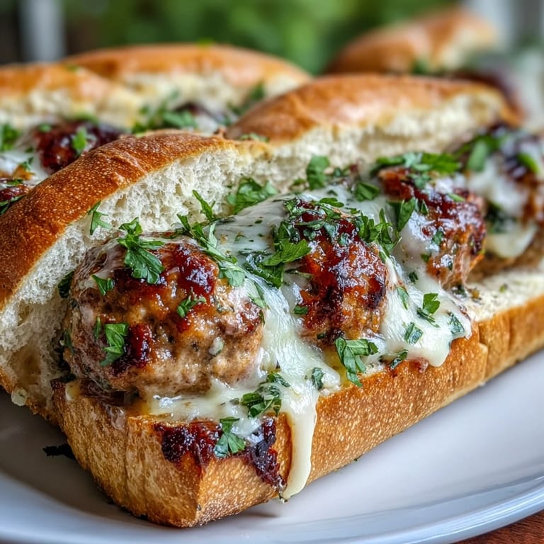 Juicy turkey meatballs simmer in rich garlic-Parmesan cream sauce, piled into a toasty, buttered sub roll.