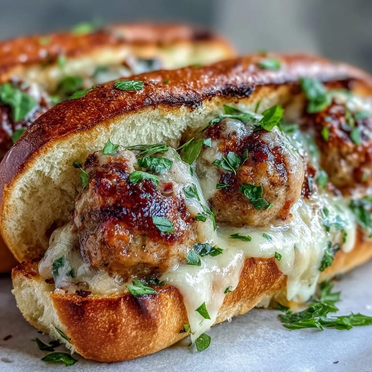 A close-up of four garlic Parmesan turkey meatball subs garnished with fresh parsley, ready to serve for dinner.