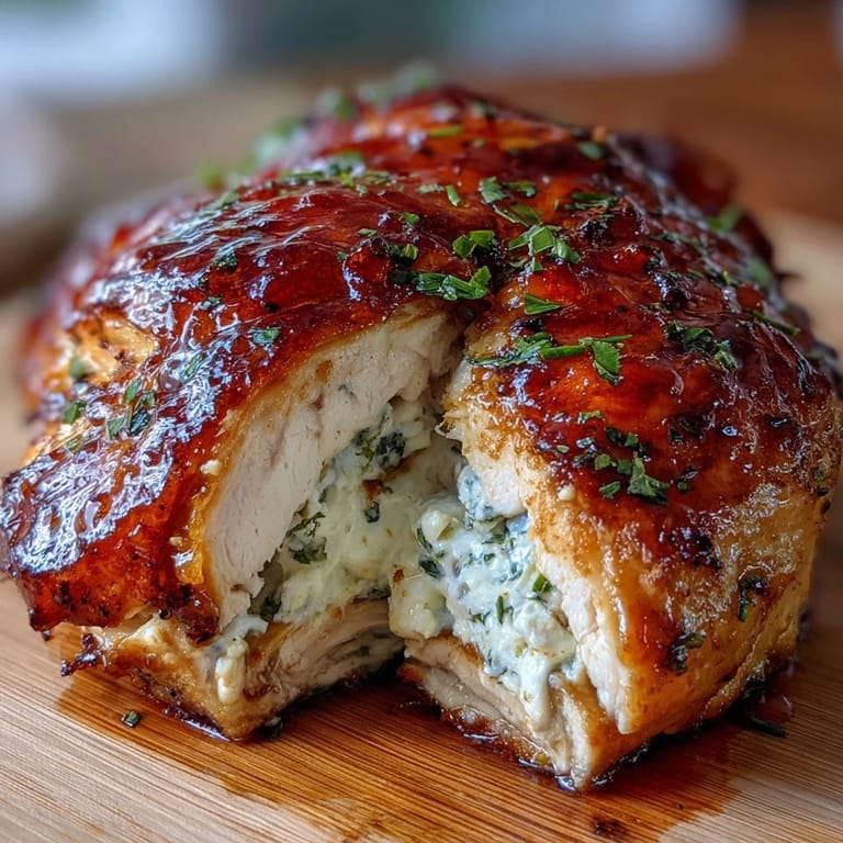A platter of four Hot Honey Ricotta Stuffed Chicken served alongside a crisp green salad and roasted asparagus.