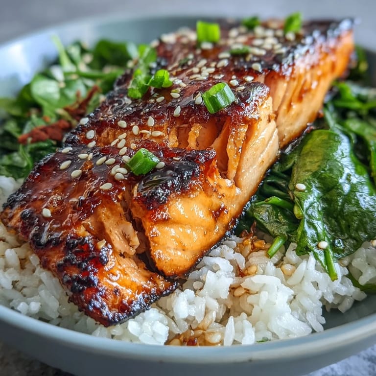 Glazed salmon atop fragrant jasmine rice, accompanied by ginger-sautéed spinach and garnished with sesame seeds and green onions.
