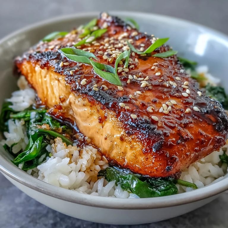 Tender salmon with caramelized miso glaze, paired with fluffy rice and garlicky spinach for a balanced, flavor-packed meal.  