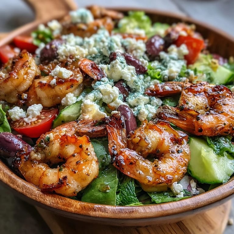 Vibrant Mediterranean shrimp bowl topped with grilled shrimp, tomatoes, and feta over mixed greens.  