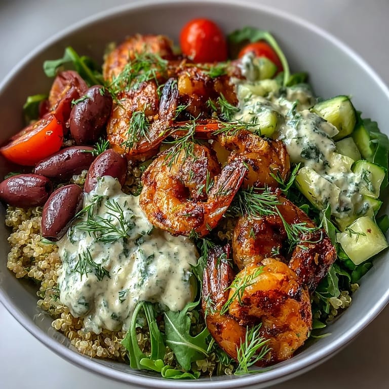 Healthy and flavorful Mediterranean Shrimp Bowl featuring quinoa, Kalamata olives, and lemon-garlic tahini drizzle.