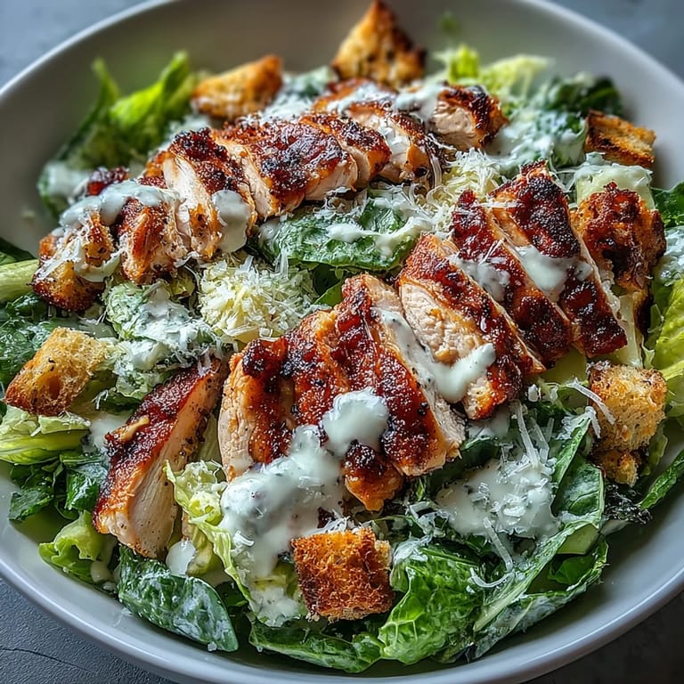 Protein-packed Caesar chicken bowl with grilled chicken, crisp lettuce, parmesan, croutons, and homemade creamy Caesar dressing.