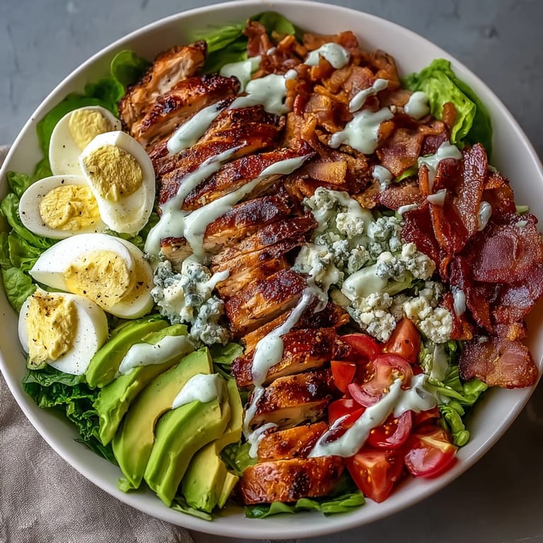 Vibrant Cobb salad featuring tender chicken, crumbled blue cheese, and creamy avocado atop crisp lettuce.  