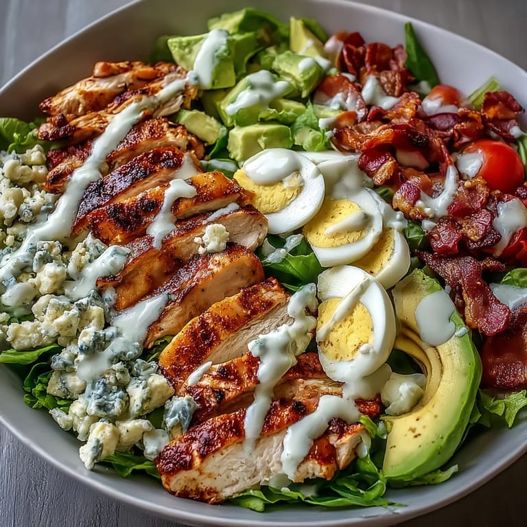 Hearty Cobb salad bowl with rows of chicken, bacon, tomatoes, and eggs served with ranch dressing.