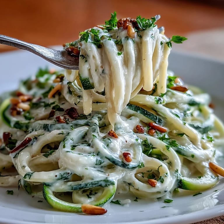 Velvety dairy-free Alfredo made from blended cashews coats spiralized zucchini noodles, offering a rich yet healthy twist on classic pasta.