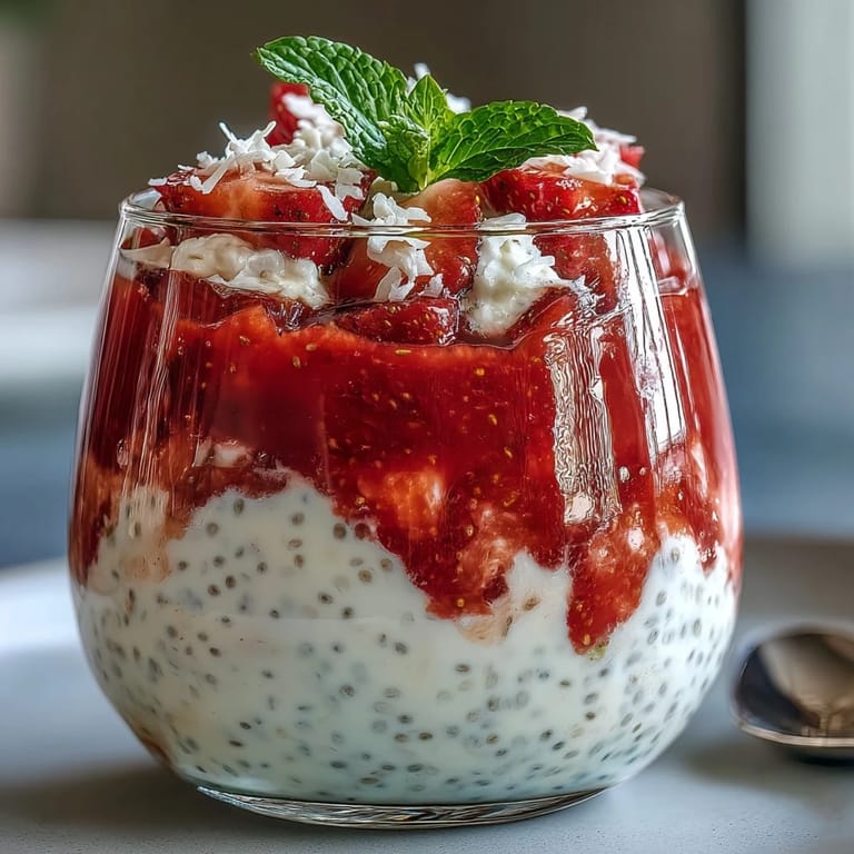 Rich, velvety chia seed pudding made with coconut milk and ripe strawberries, perfect for a healthy vegan snack or light dessert.