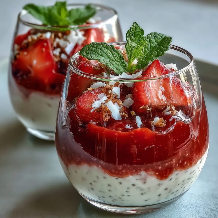 Creamy coconut milk chia pudding layered with vibrant strawberry puree, topped with fresh mint and berries for a refreshing breakfast.
