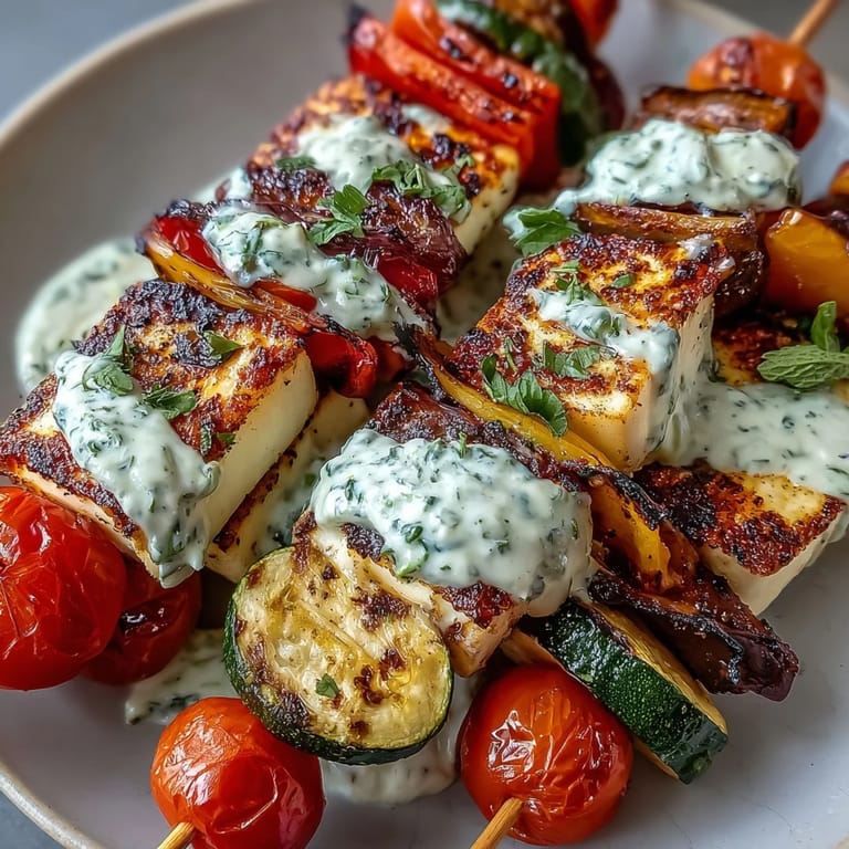 Golden halloumi cubes and vibrant vegetables threaded on skewers, served with a cool, tangy herb yogurt sauce for dipping.