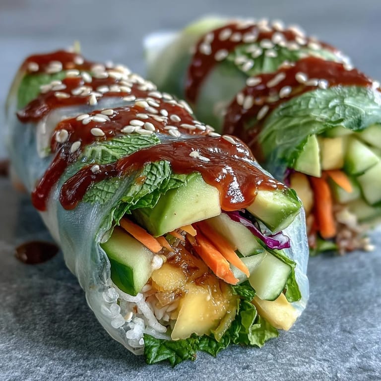 Fresh vegan spring rolls bursting with sweet mango, rich avocado, crunchy vegetables, and fragrant herbs, alongside a spicy-sweet chili sauce.