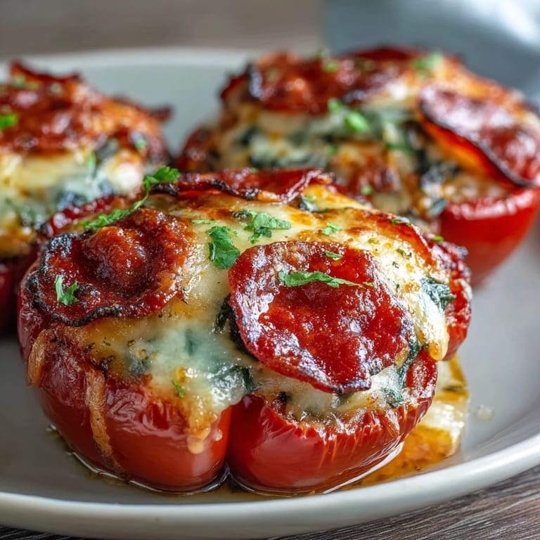 Cheesy Keto Pizza Stuffed Peppers with bubbly mozzarella and savory pepperoni baked in tender bell peppers for a satisfying meal.