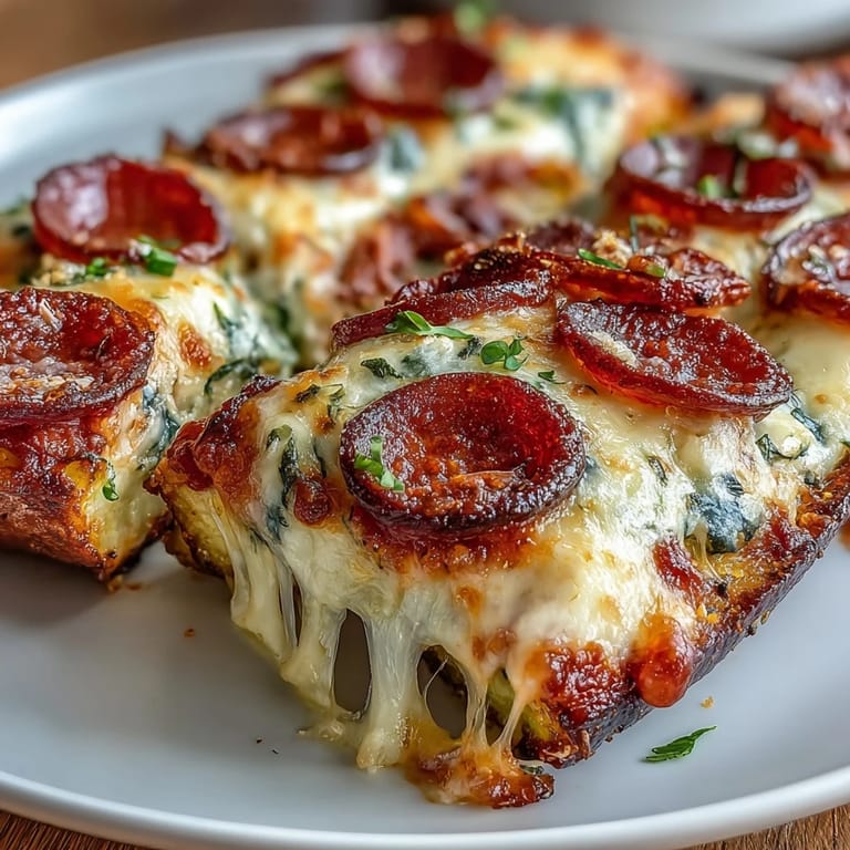 Savory zucchini boats stuffed with rich tomato sauce, gooey mozzarella, and spicy pepperoni slices, baked until tender and irresistibly cheesy, perfect for a low-carb dinner.