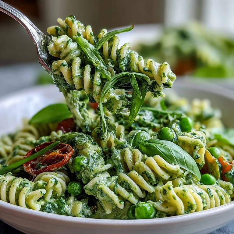 Vegan green goddess pasta salad bursting with fresh basil, peas, and crunchy vegetables, perfect for picnics or healthy lunches.