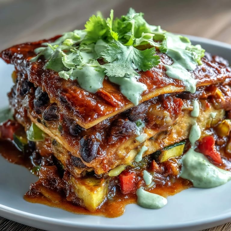 Smoky vegan black bean enchilada casserole served with zesty avocado crema, perfect for a healthy Mexican-inspired dinner.