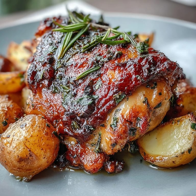 Juicy chicken thighs seasoned with herbs and spices, roasted alongside sweet carrots and potatoes for a comforting meal.