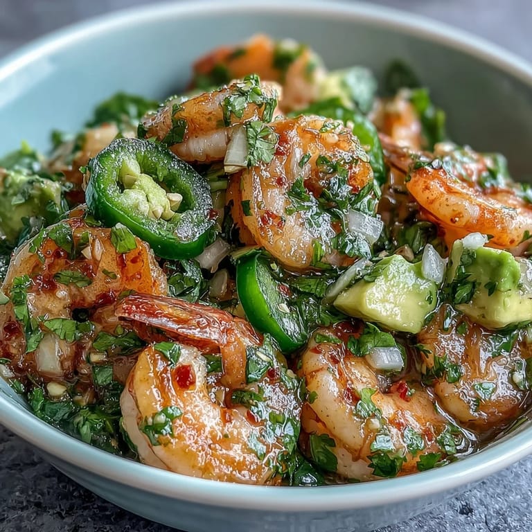 Freshly prepared chilli lime shrimp ceviche with diced vegetables.